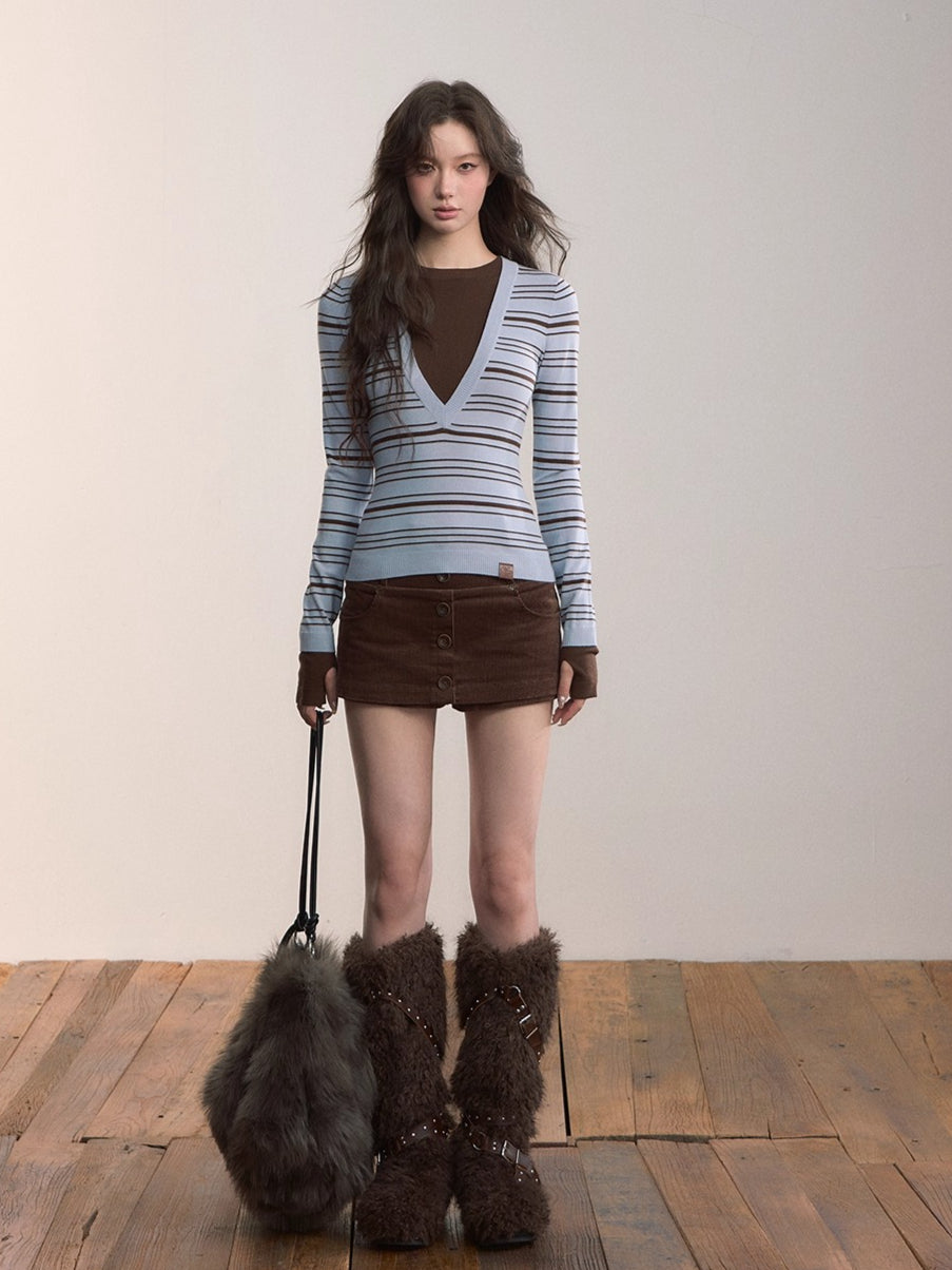 Contrast Stripe Fitted Knit Crewneck