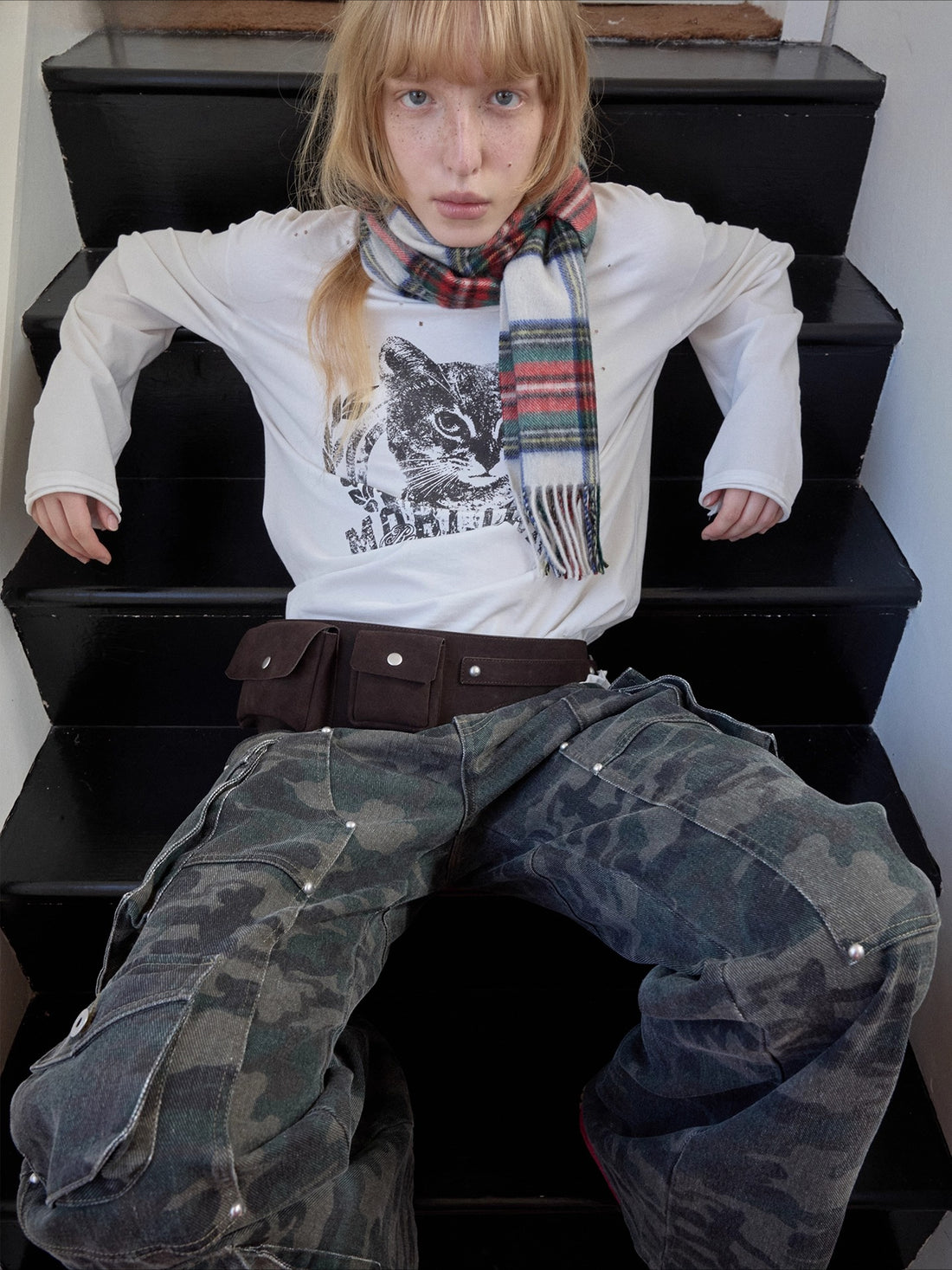 Vintage Cat &amp; Dog Print Distressed Long-Sleeve Tee