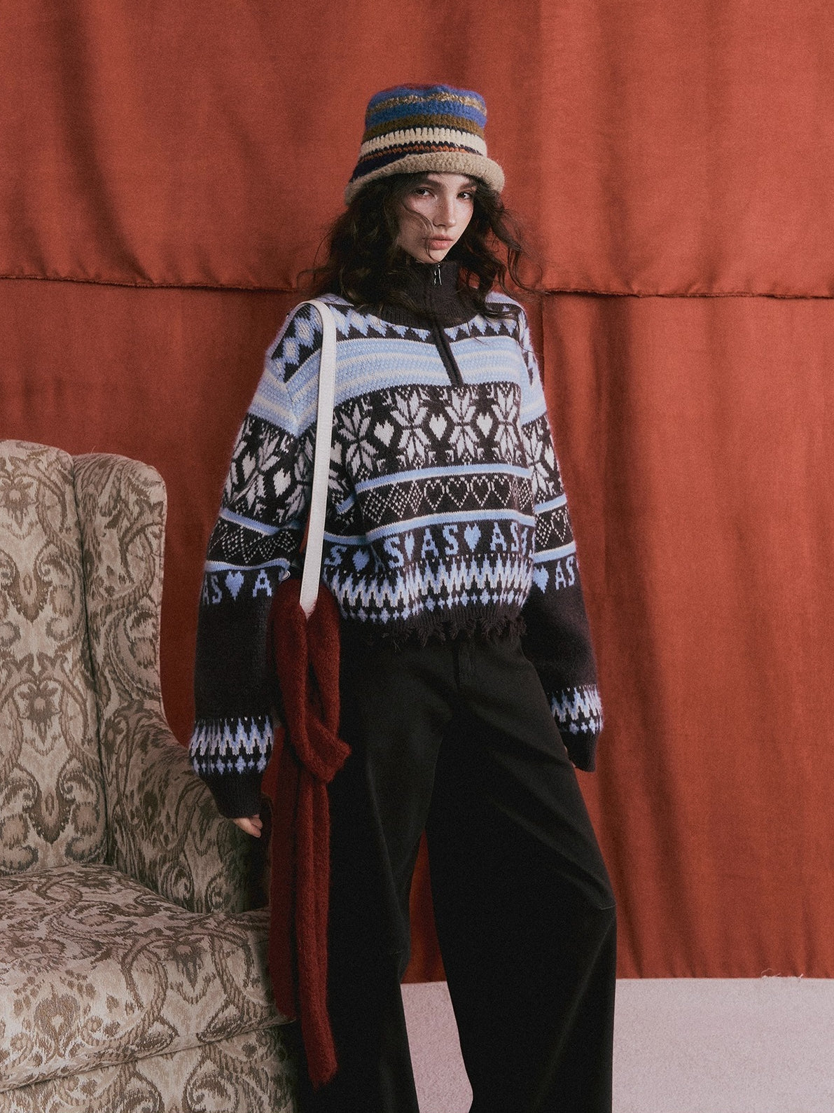 Vintage Fair Isle Half-Zip Fringe Hem Sweater