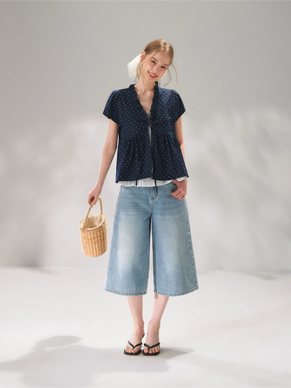 Crystal-Embellished Wide-Leg Cropped Denim Jeans