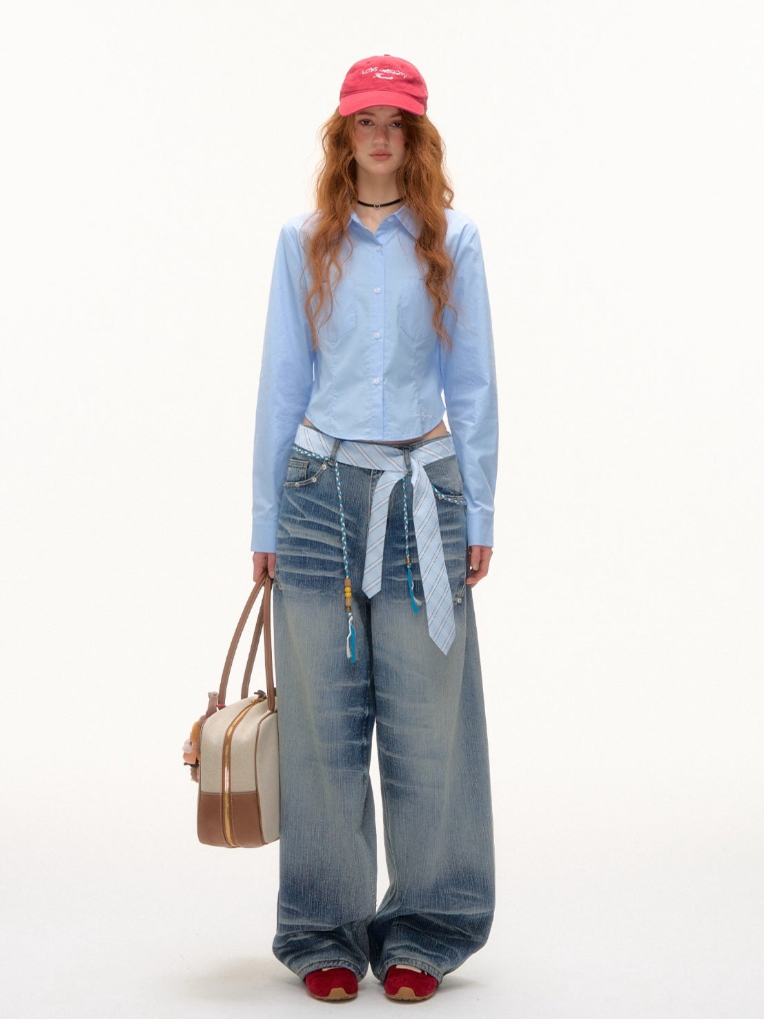 Turn-Down Collar Embroidered Cropped Shirt