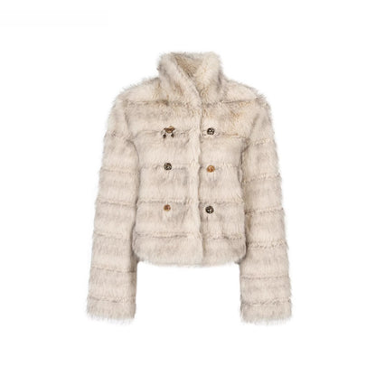 Double-Breasted Faux-Fur Short Jacket
