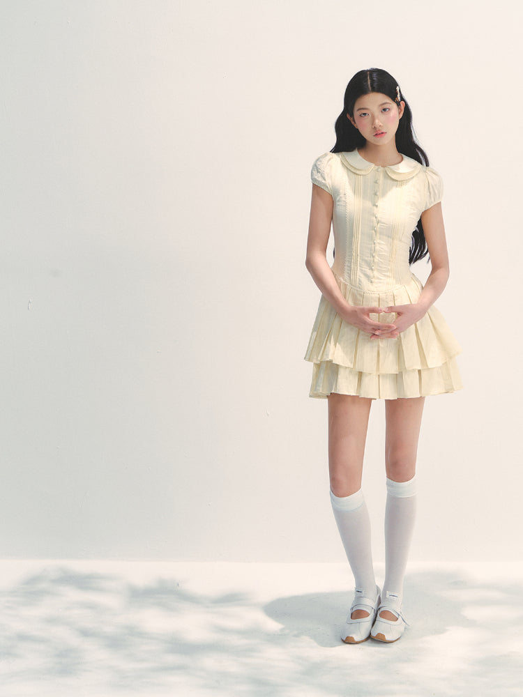Doll Collar Waist-Cinched Pleated Shirt Dress