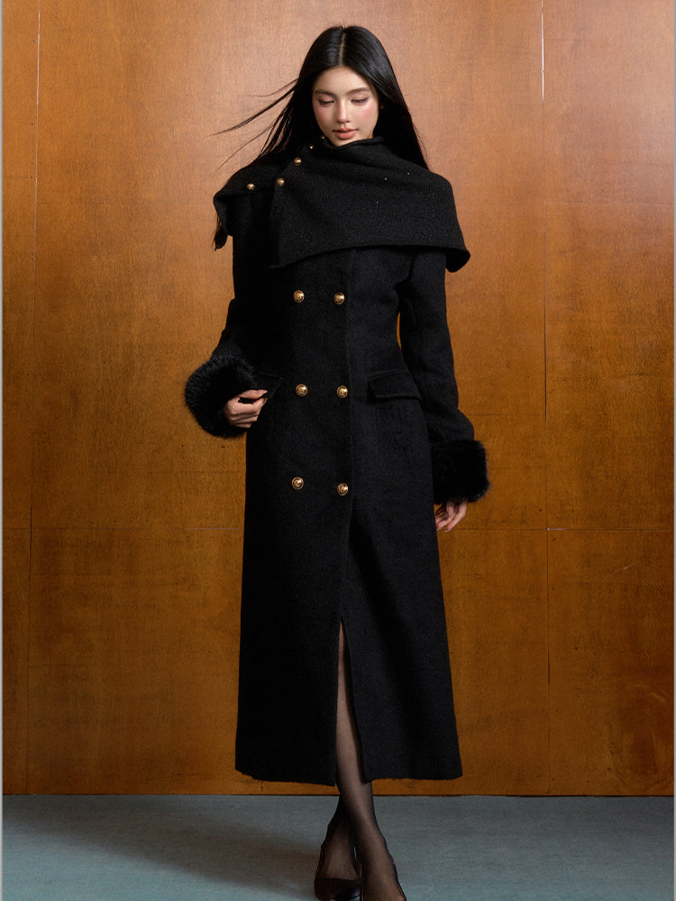 Detachable Fur Waist-Fitted Wool Coat &amp; Scarf Set