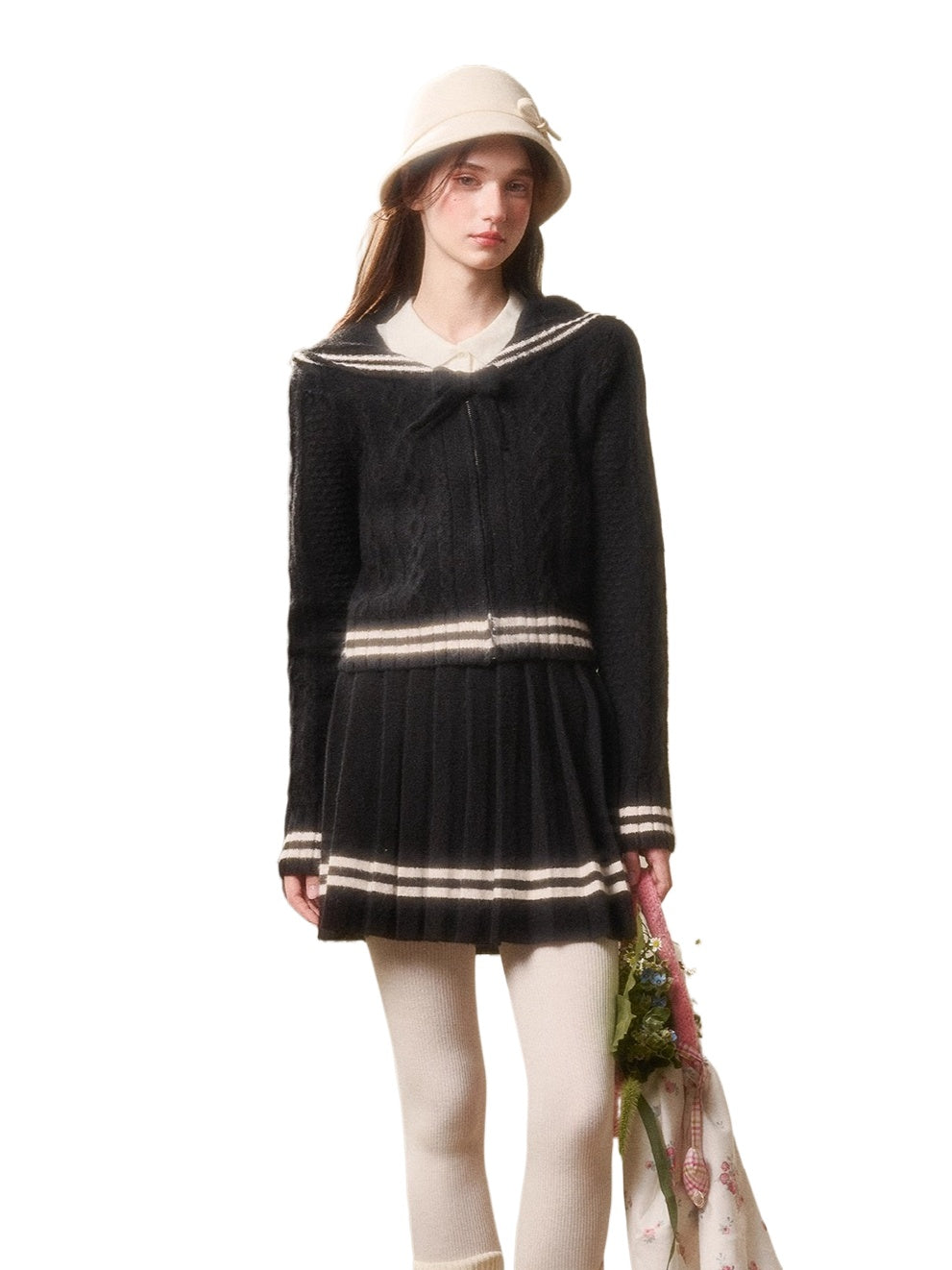 Memo Wool Cloud Knit Cardigan &amp; Pleated Skirt Set