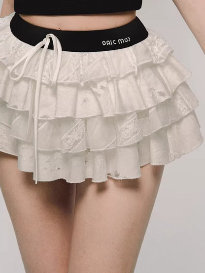 Embroidered Tiered Puff Mini Skirt