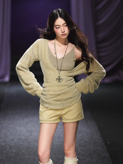 Shimmery Knit V-neck &amp; Camisole Two-Piece Set