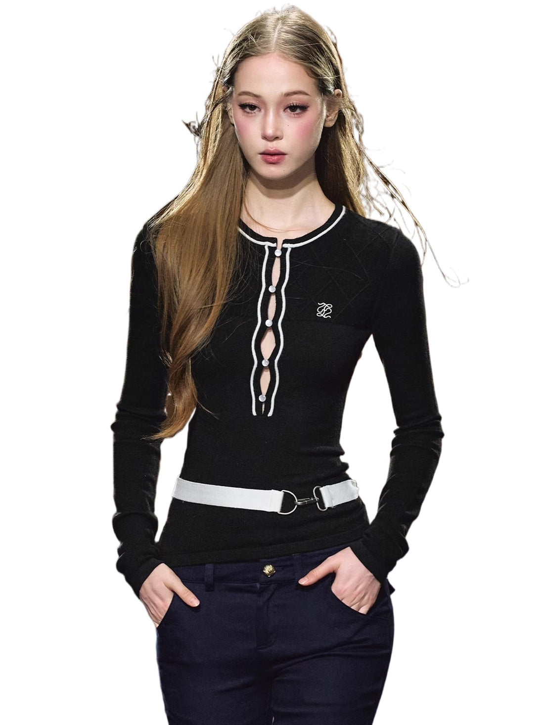 Contrast Trim Knit Belt Detail Fitted Crewneck