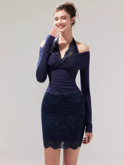 Lace Layered Knit Top &amp; Bodycon Mini Skirt Set