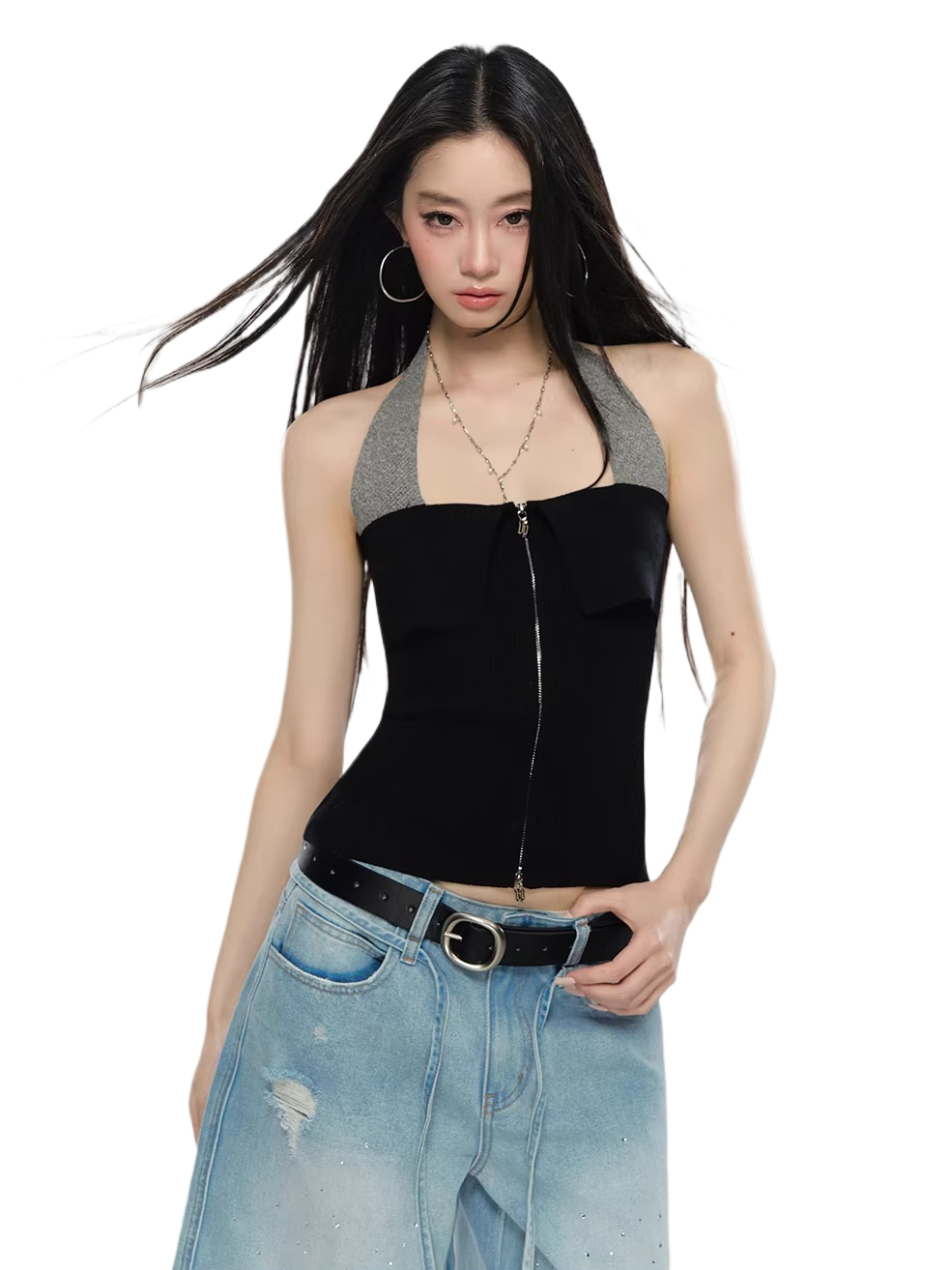Contrast Halter Zip-Up Knit Tank Top