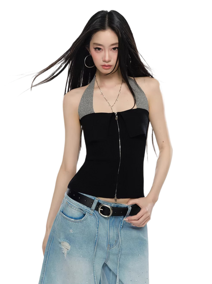 Contrast Halter Zip-Up Knit Tank Top