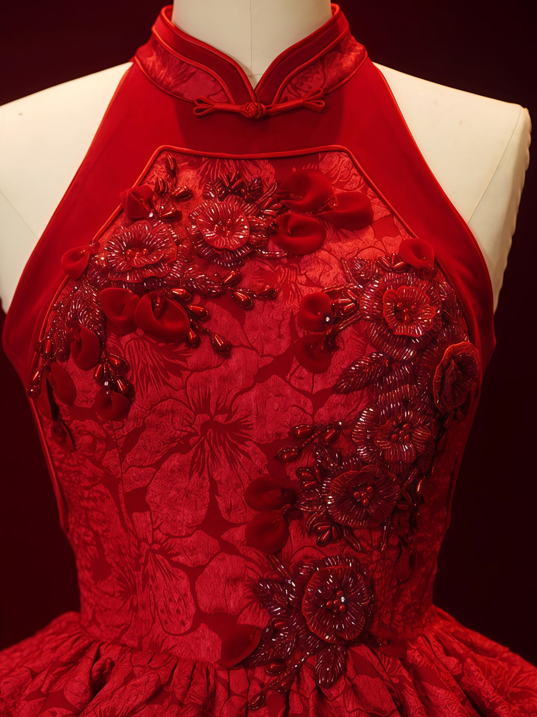 Crimson Floral Embroidered Halter Mini Dress