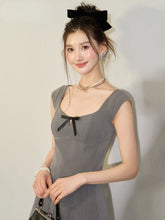 Grey Bow Tie U-neck Cinched Waist Dress - CHINASQUAD