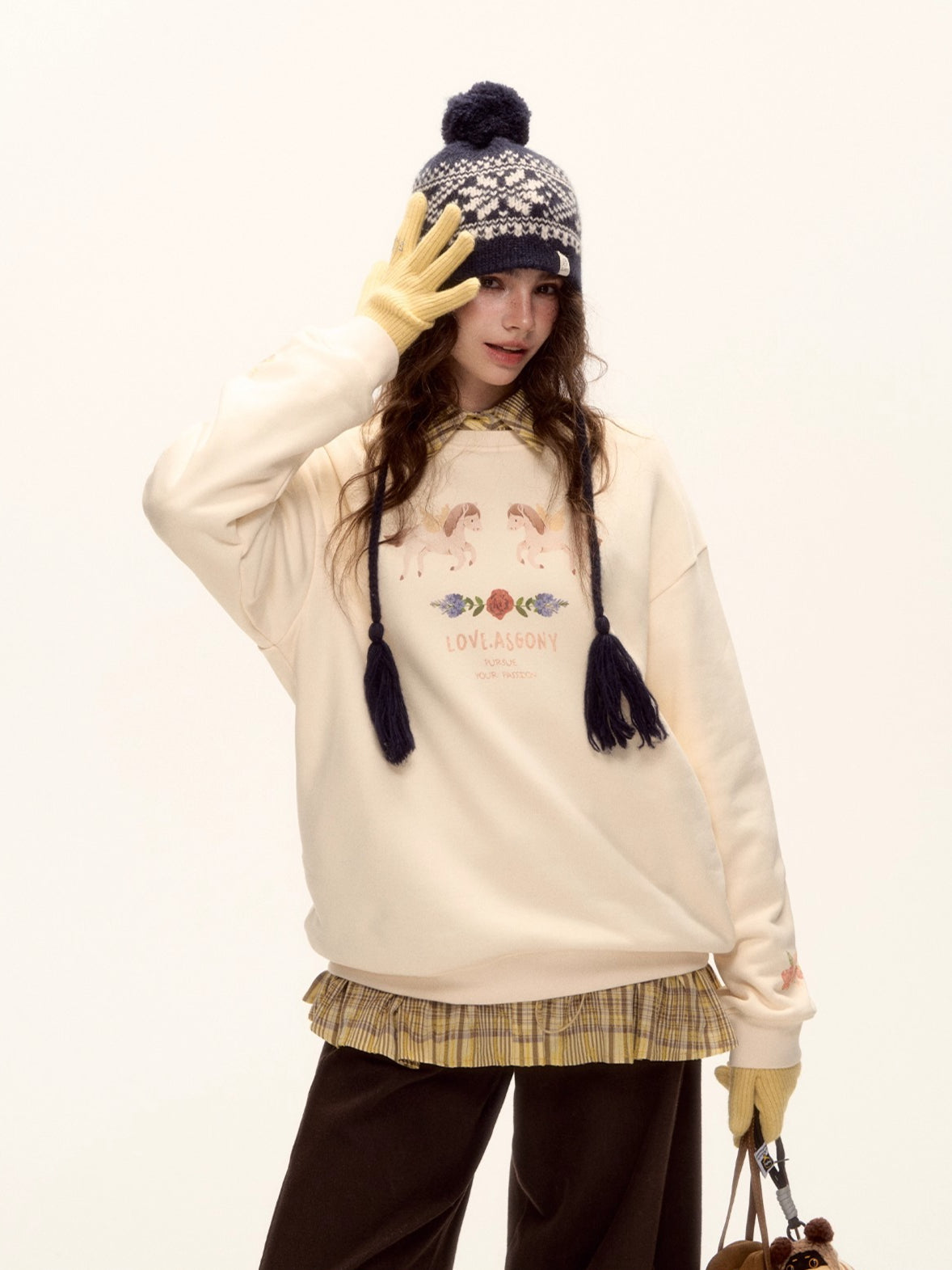 Floral Pony Print Fleece-Lined Pullover Sweatshirt