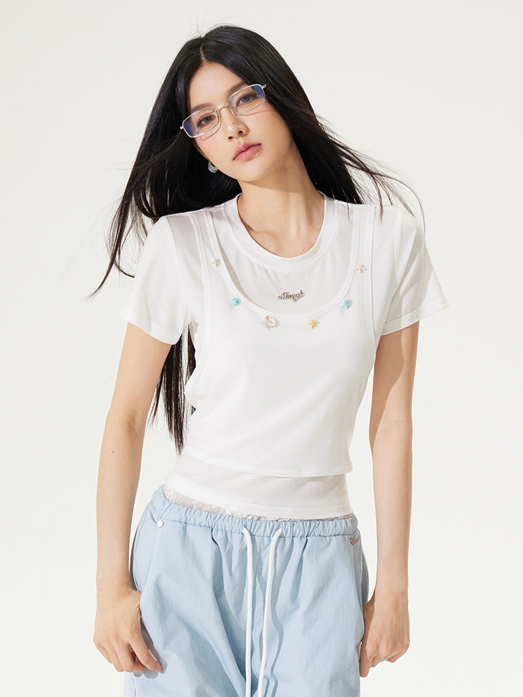 Fake Two-piece Cool Tie-front Regular Shoulder T-shirt - CHINASQUAD