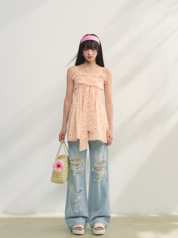 Lace-Trimmed Printed Rhinestone-Embellished Jeans - CHINASQUAD