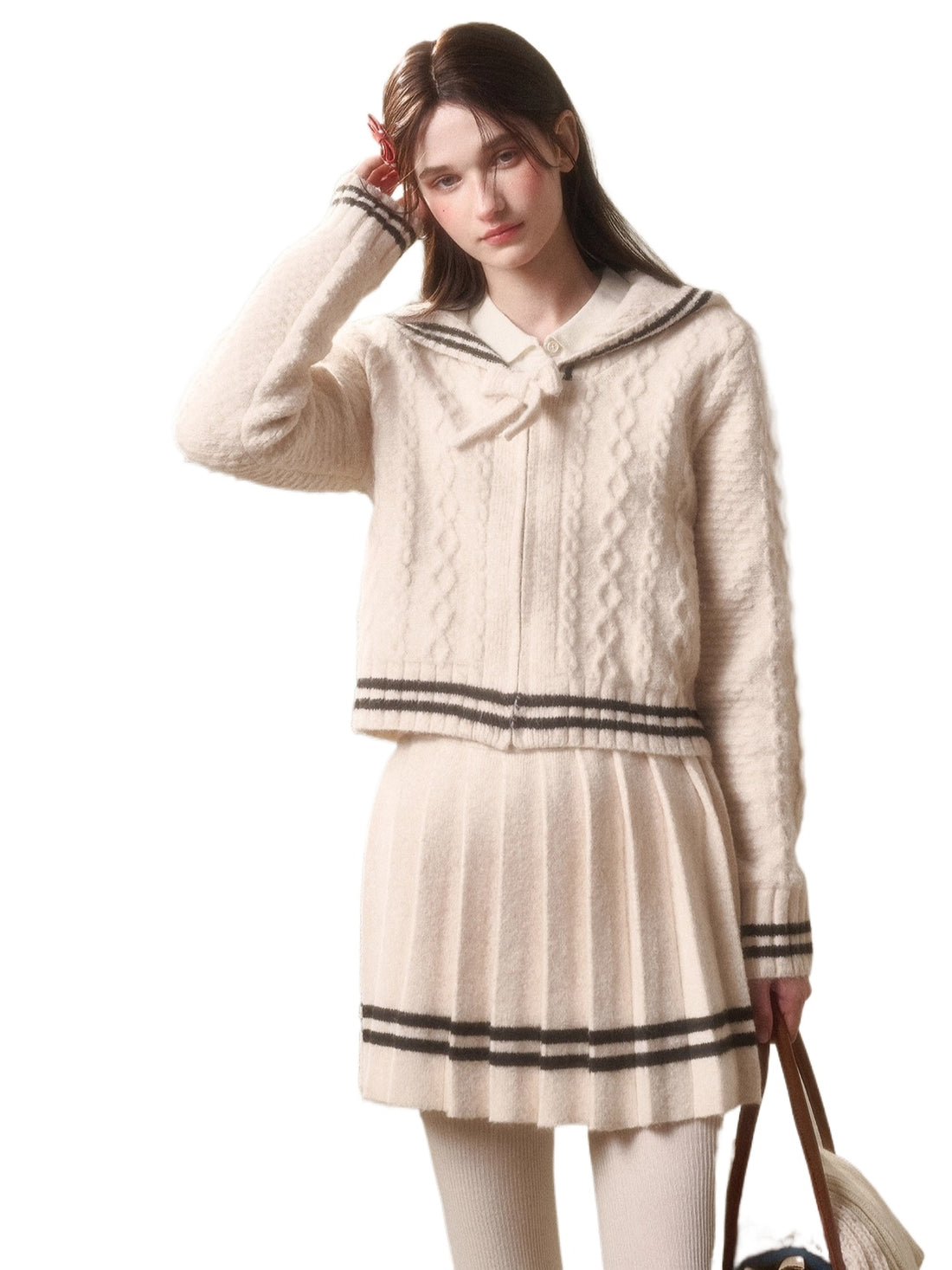 White Philosophy Wool Cloud Cable-Knit Cardigan &amp; Pleated Skirt Set