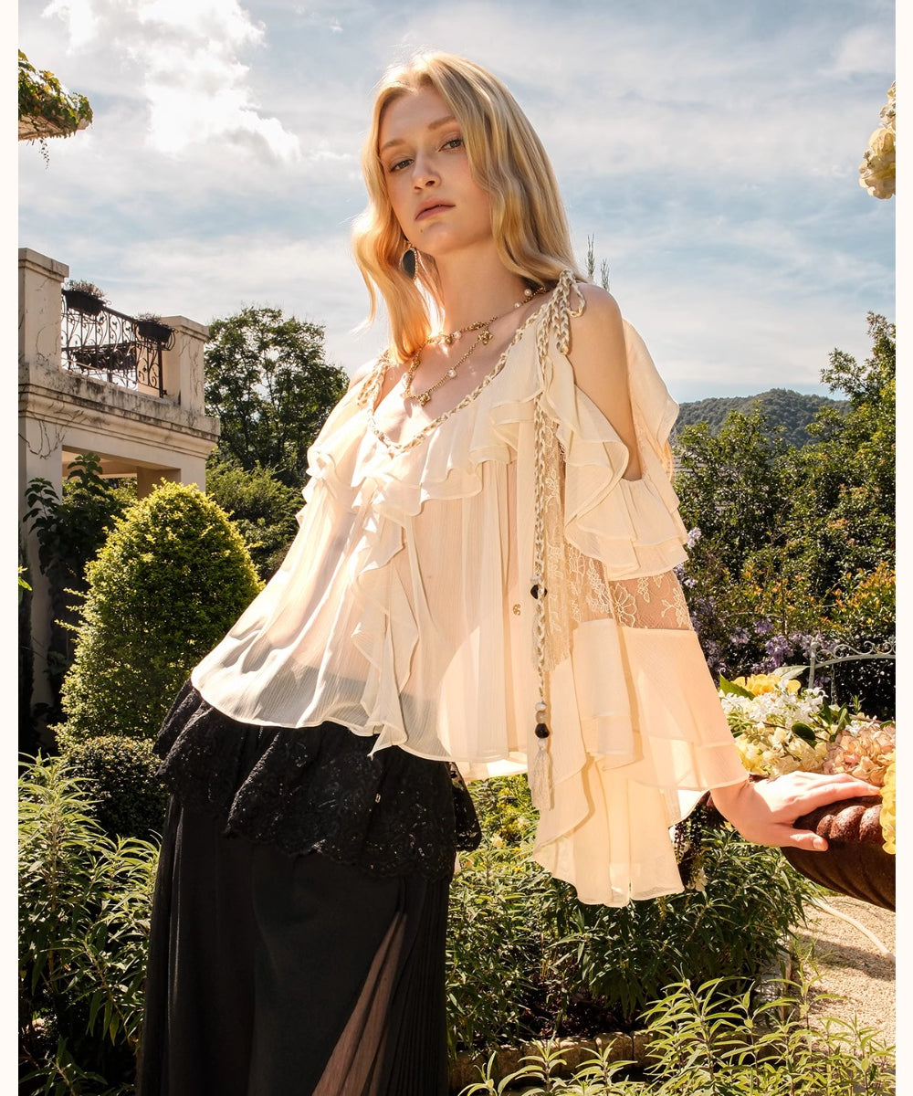 Flowy Chiffon Ruffle Rope Blouse