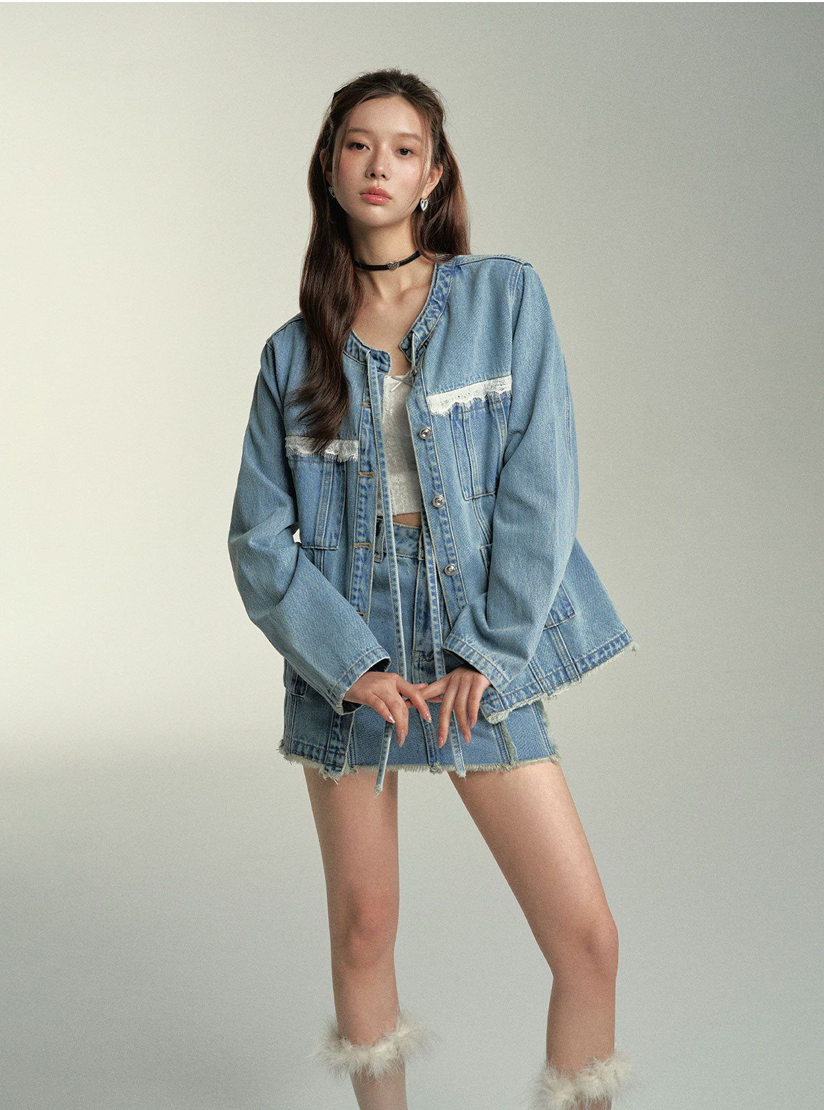 Lace Spliced Denim Jacket &amp; Mini Skirt Set - CHINASQUAD