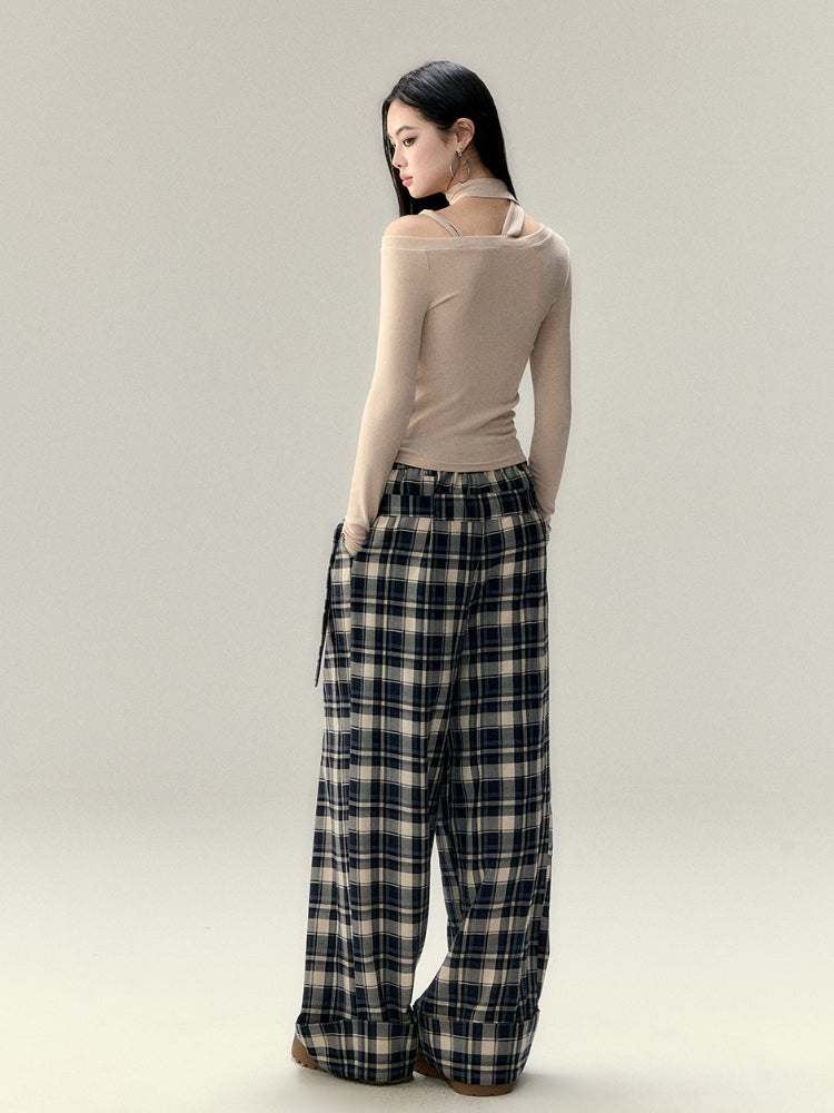 Pleated Belted Plaid Casual Pants