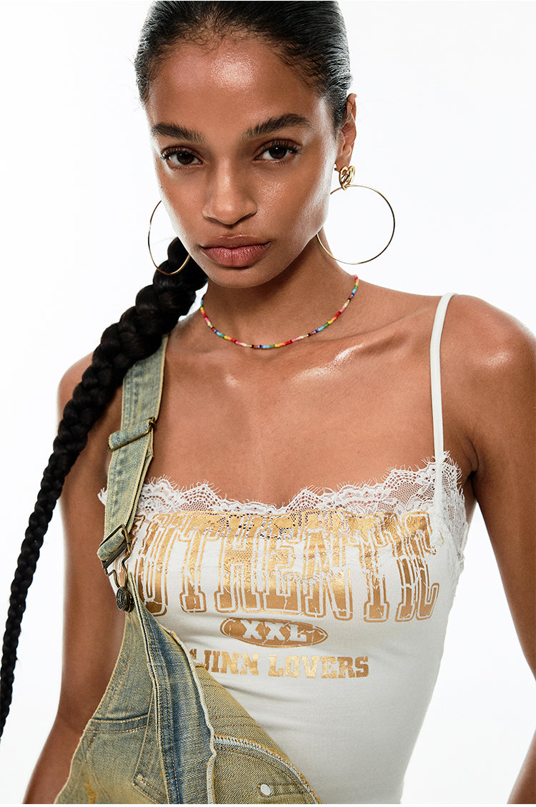 Lace Trim Floral Letter Printed Camisole - CHINASQUAD