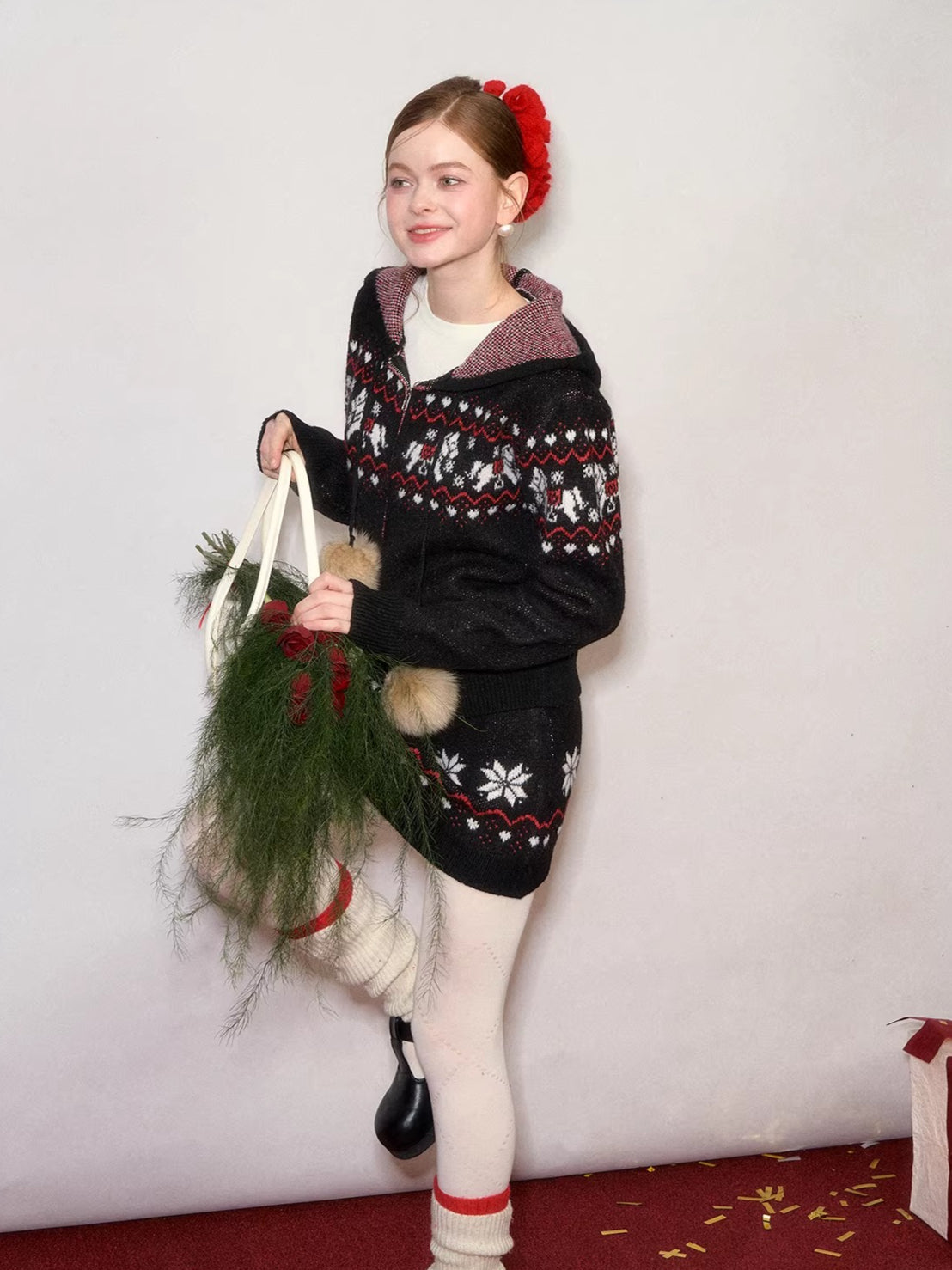 Hooded Knit Cardigan &amp;  Mini Skirt Two-Piece Set