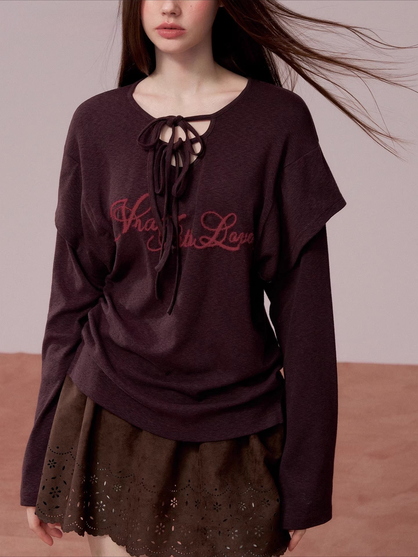 Embroidered Tie-Detail Long-Sleeve T-Shirt