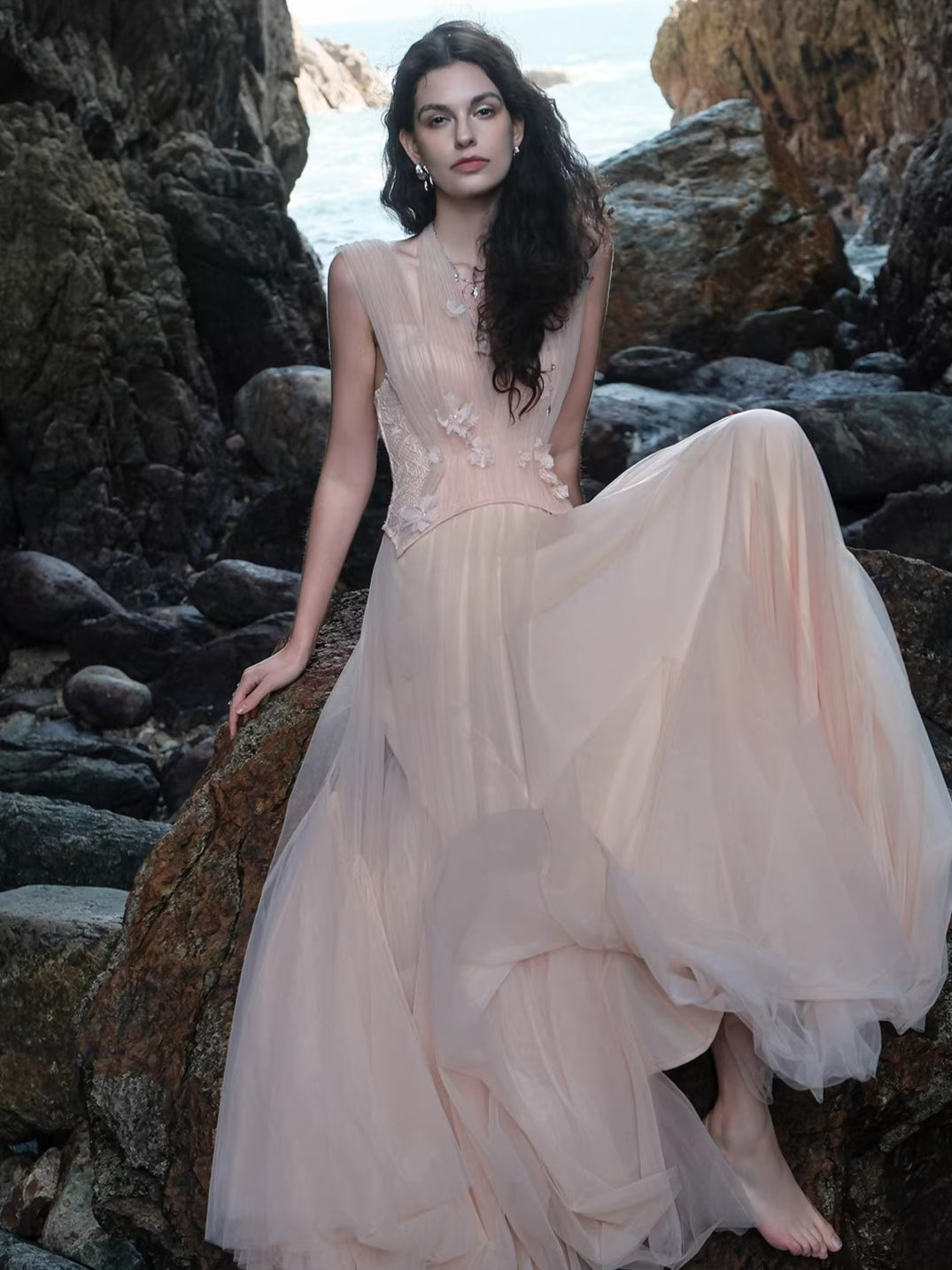 Heavy Lace Halter Corset Mesh Maxi Dress