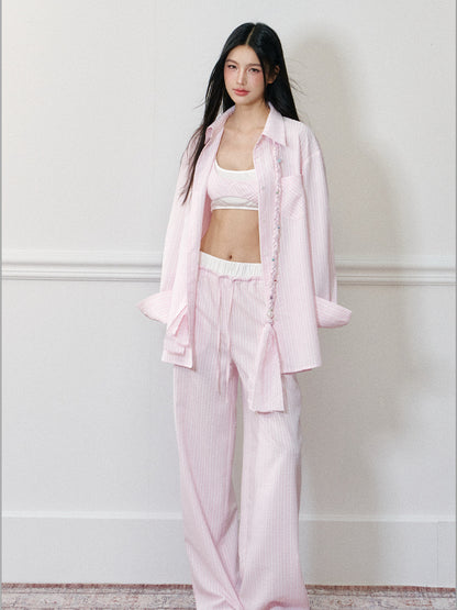 Pink Oversized Striped Shirt - CHINASQUAD