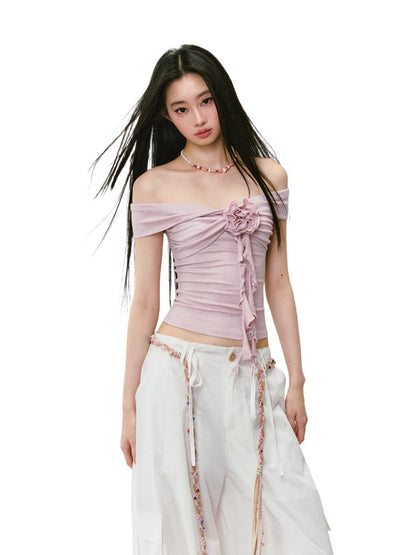 3D Rose One-shoulder Short-sleeve T-shirt