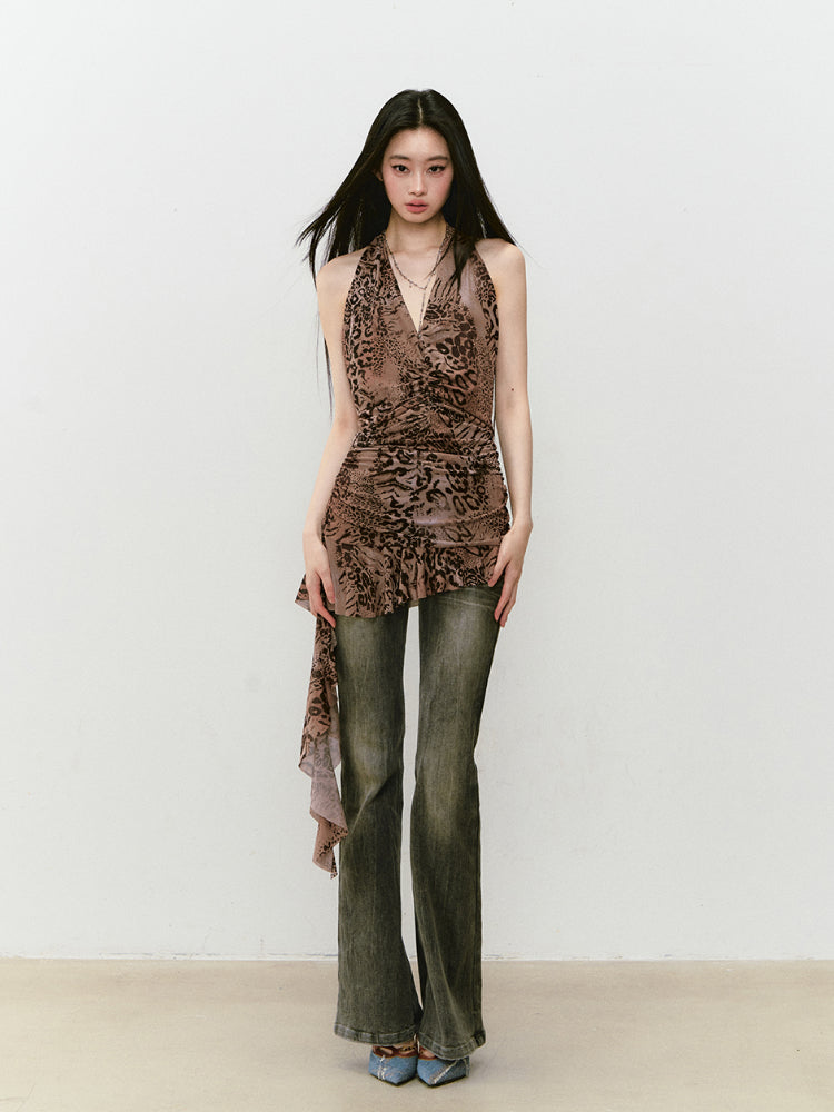 Halter Leopard Print Gathered-Waist Sleeveless Dress