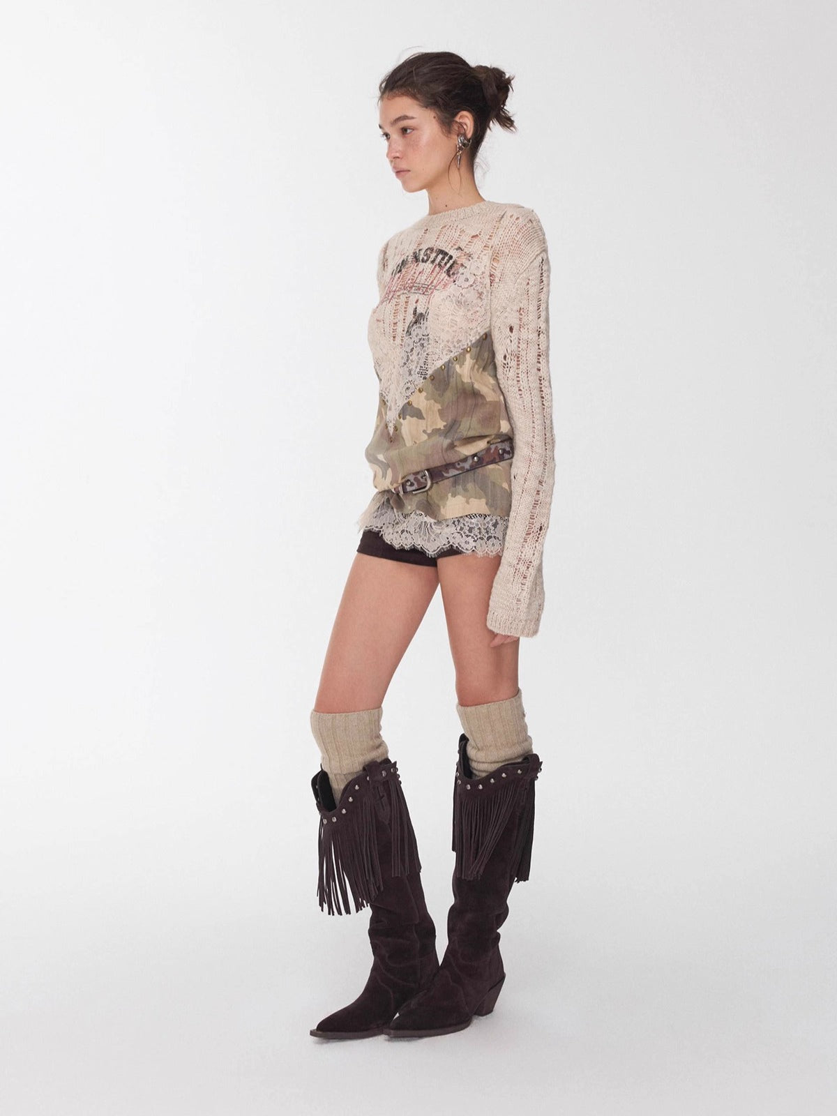 Camouflage V-Neck Lace-Trim Rhinestone Camisole