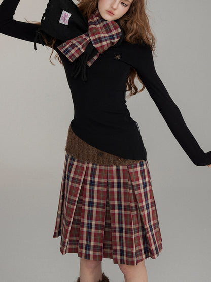 Patchwork Button Wool Pleated Skirt