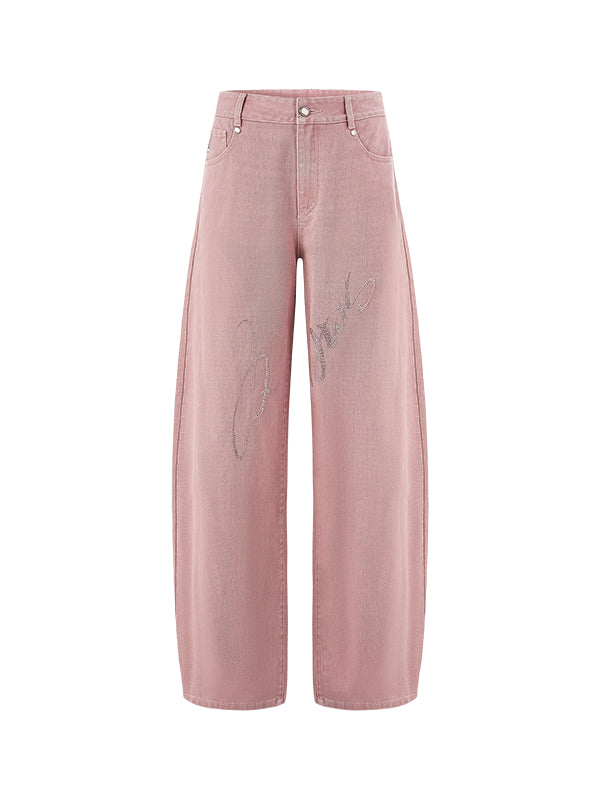 Pink Rhinestone Low-Waist Wide-Leg Jeans