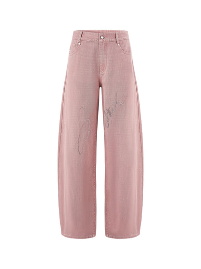 Pink Rhinestone Low-Waist Wide-Leg Jeans