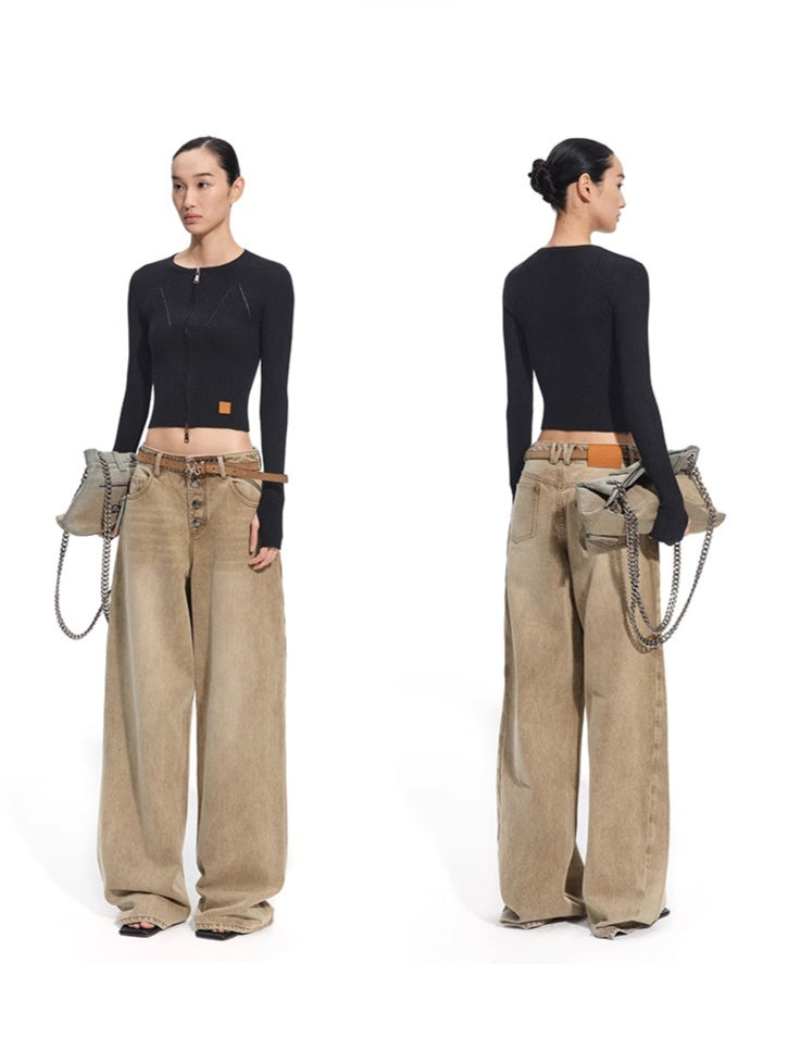 &quot;Rose Series&quot; Washed Twill Wide-Leg Denim Jeans