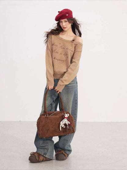 Deconstructed Off-Shoulder Embroidered Knit Sweater