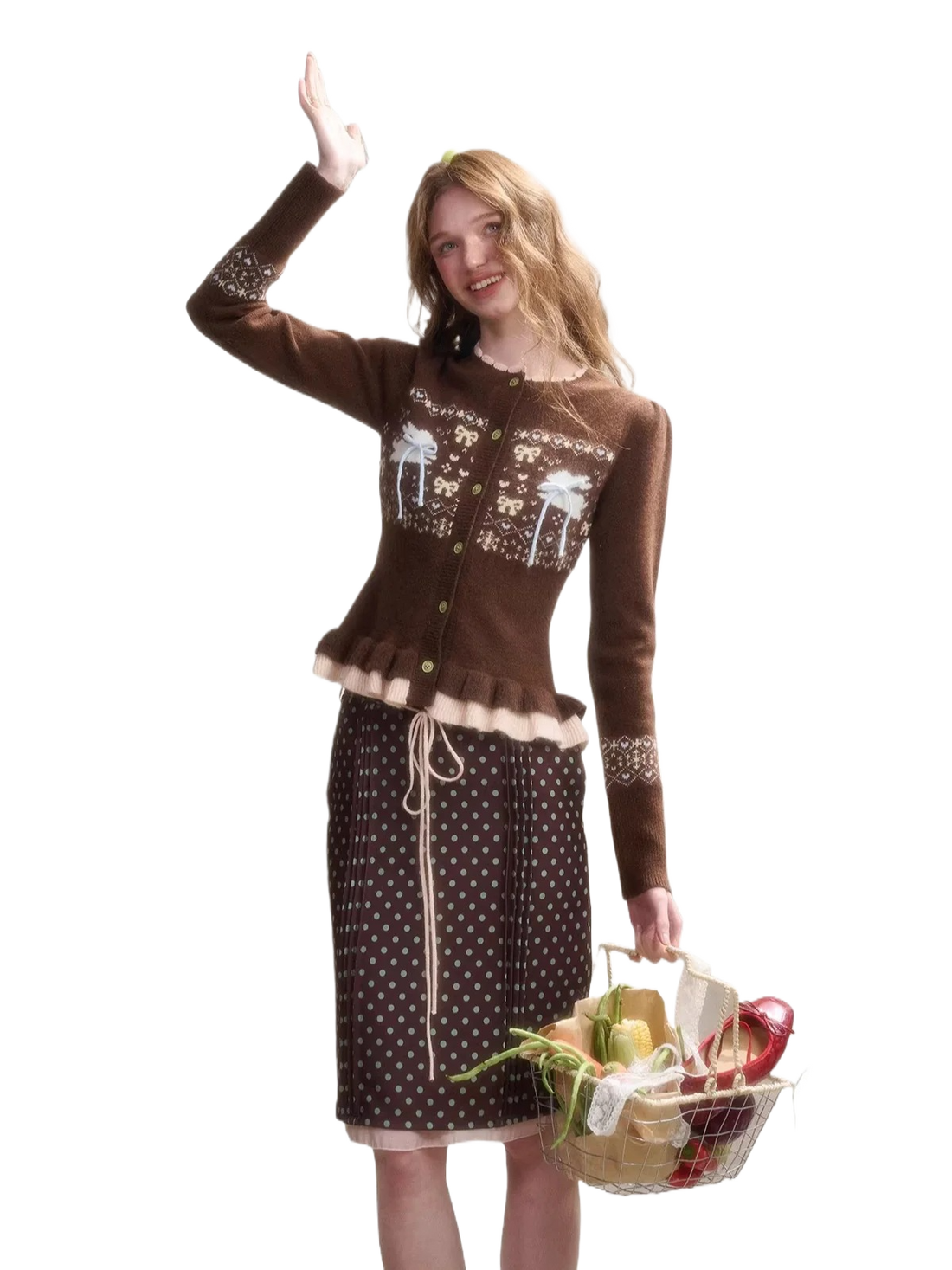 Fair Isle Knit Cardigan &amp; Polka Dot Skirt Set