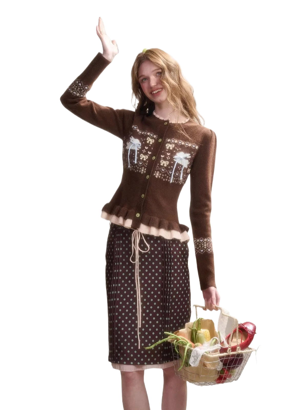 Fair Isle Knit Cardigan &amp; Polka Dot Skirt Set