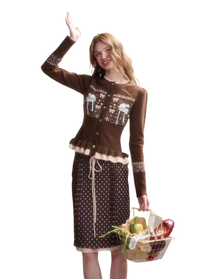 Fair Isle Knit Cardigan &amp; Polka Dot Skirt Set