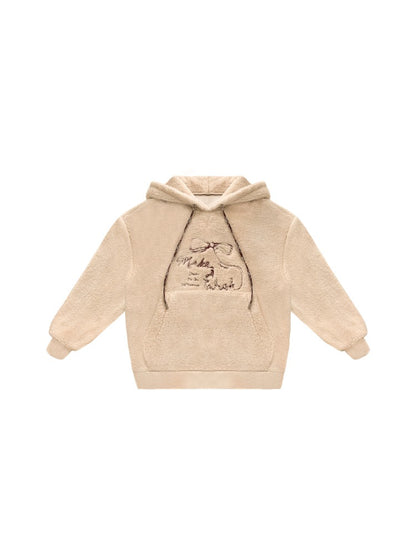 Color Block Bow Embroidery Lamb Wool Hoodie