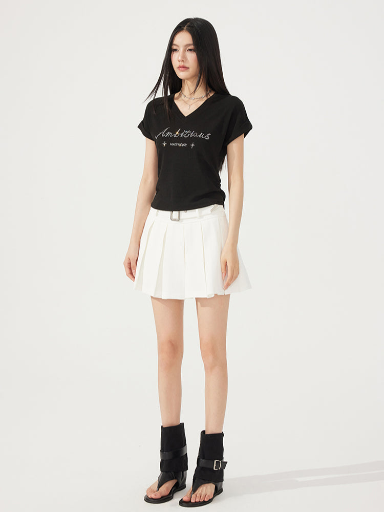 V-neck Waist-cinching Rhinestone Tee - CHINASQUAD