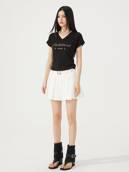 V-neck Waist-cinching Rhinestone Tee - CHINASQUAD