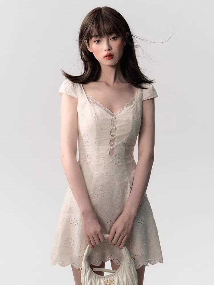 Cream White Lace-Panel Slim Fit Textured Dress