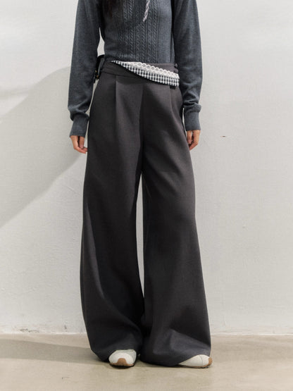 Plaid Panel Fold-Over Waist Straight Pants