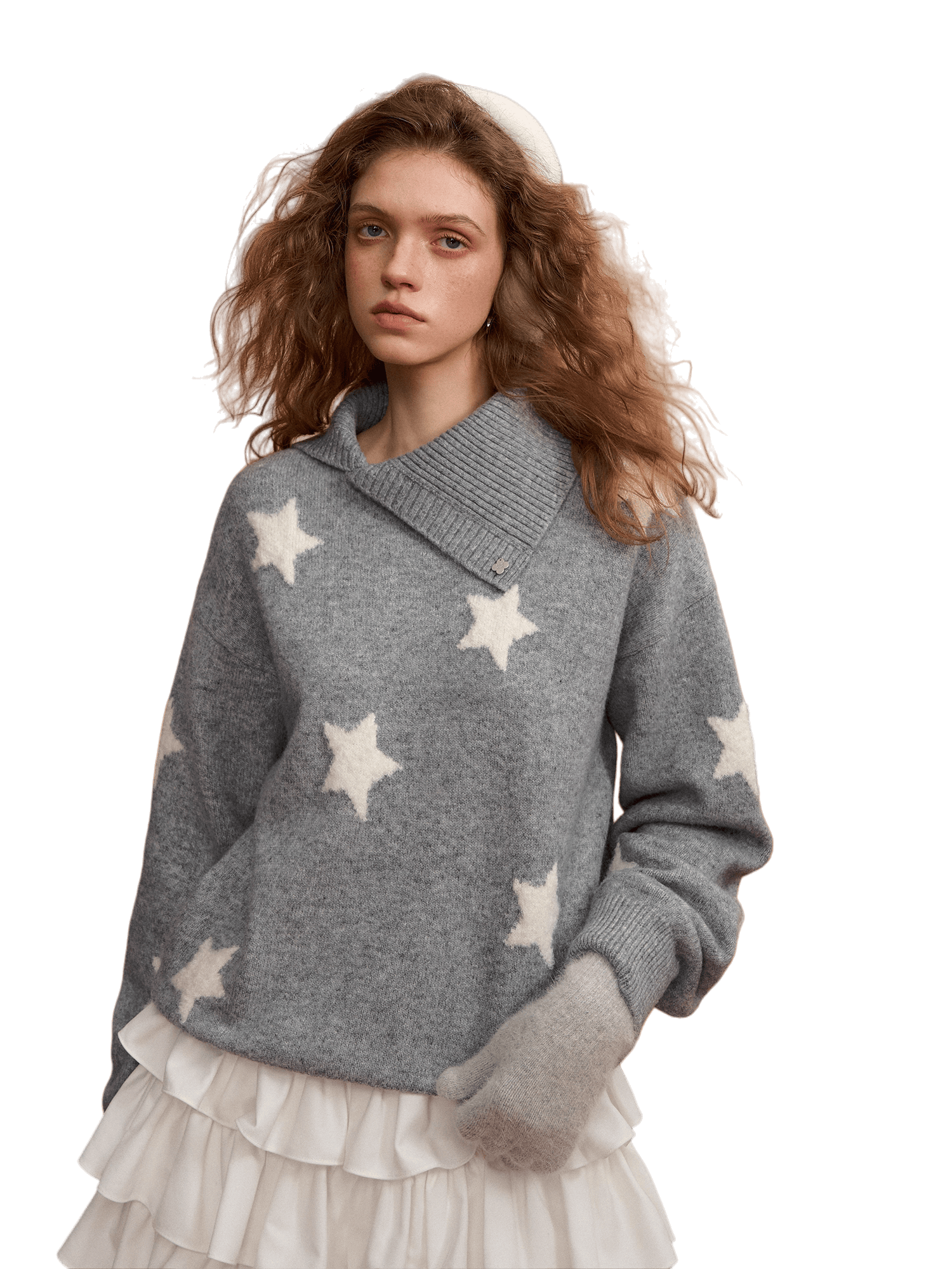 Asymmetric Star-Pattern Knit Sweater