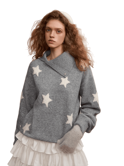 Asymmetric Star-Pattern Knit Sweater