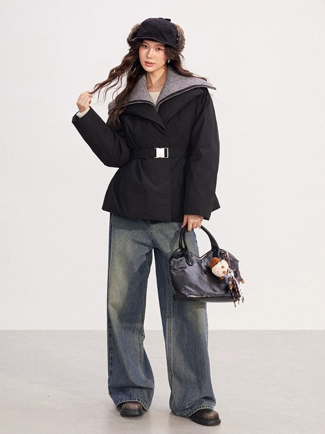 Belted Contrast-Knit Collar Down Coat