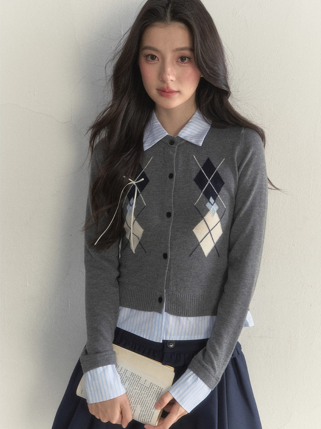 Layered Argyle Shirt Collar Knit Cardigan