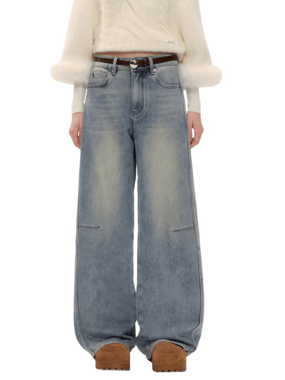 Vintage Washed Curved-Leg Denim Pants